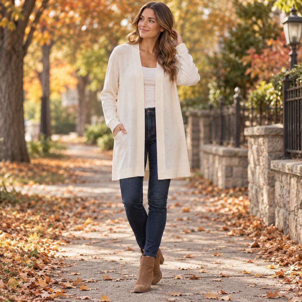 Chico’s Long Open Knit Cardigan Women’s Size 3 XL Ivory Cotton Blend